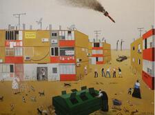 A painting of appartment buildings, including a man searching through a dumpster, a knife fight, a woman with a walker feeding stray cats, and a rocket hurtling towards the ground