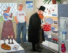 A rabbi in the kitchen of an Orthodox family in Israel, looking in a pot with a pig snout poking out of it