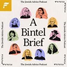 Logo for A Bintel Brief Podcast, features the podcast name and drawings of different people surrounding it