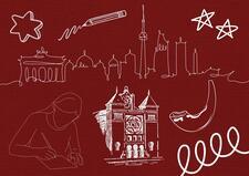 Outlined drawings of city skyline, old synagogue, girl writing, and other doodles on red background