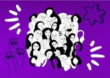 Collage of line drawing of a crowd of women on a deep purple background