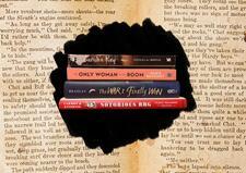 Collage of stack of books superimposed over antique printed paper