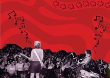 Collage of band Sleater-Kinney on red background