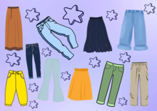 Collage of drawings of skirts and pants on periwinkle background