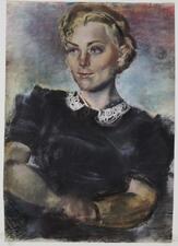 An oil pastel drawing of a woman with short blonde hair, wearing a black top with a lace collar