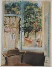 A pastel drawing of a tree and house through a window with lace curtains. Half the window is open, and there is a chair in front of it.