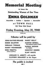 Poster for Memorial Meeting to Honor Emma Goldman, 1940