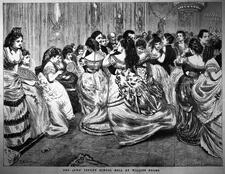 black and white drawing of people dancing in couples at a ball, circa 1800s