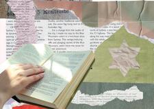 Collage of open book, torn paper, and Jewish star