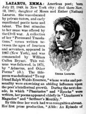 Encyclopedia Entry on Emma Lazarus by Henrietta Szold in the 1906 "Jewish Encyclopedia", Page 1 - Excerpt B