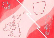 Collage with outlines of the UK and Arkansas divided by a white line, on a red background