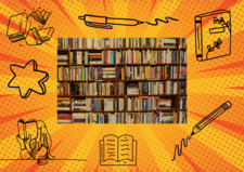 Bookshelves collaged on orange patterned background