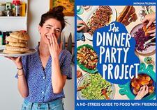 Woman with dark hair in a bun holdng a plate with a pile of pita one on side; on other side book cover with title Dinner Party Project: A No-Stress Guide to Food with Friends