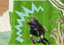 Image of girls playing soccer over collage of a green field and torn paper