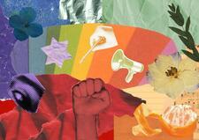 Rainbow collage of various protest symbols and flowers