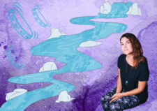 Collage of Alicia Jo Rabins and a river on purple background