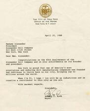 Letter From Mayor Edward T. Koch to Madame Alexander, April 20, 1988