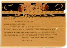 Telegram From Mrs. Emil Alvin Hartman to Madame Beatrice Alexander, October 1952