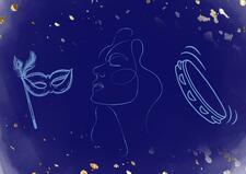 Gold line drawings of woman, mask, and tambourine on blue and gold background