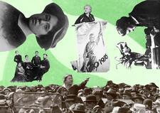 Collage of various images of Emma Goldman on green background