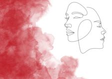 Line drawings of two faces on red and white watercolor wash background