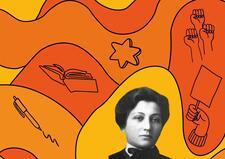 Collage of Bessie Hillman on orange and yellow patterned background