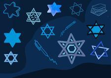 Collage of Stars of David and pens on dark blue background