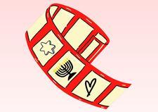 Cartoon roll of film with a menorah on light pink background