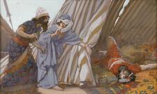Jael leads Barak to the corpse of Sisera in her tent. 