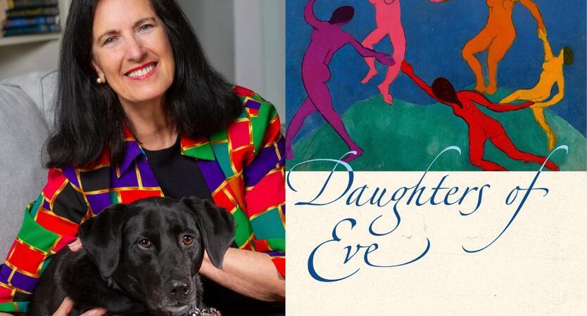 Collage of woman with dark hair holding dog in lap, and book cover reading "Daughters of Eve"