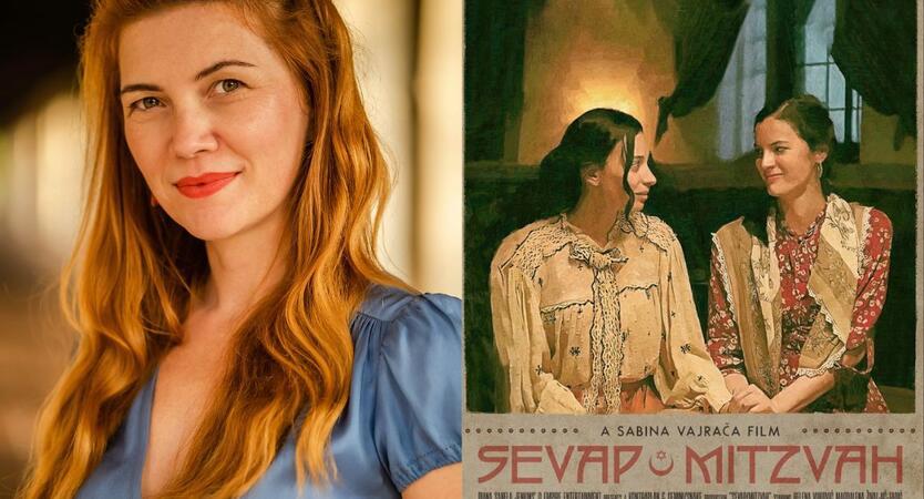 Sabina Vajraca and a poster from Sevap/Mitzvah