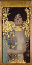 Oil painting by Gustav Klimt depicting a semi-nude Judith prominently, holding the head of Holofernes in the bottom right 