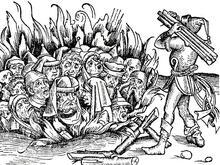 A woodcut of a crowd of people burning alive, with another about to throw more wood on the fire