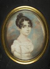 Painted portrait of a woman with light skin, dark hair, and large eyes, wearing a white gown