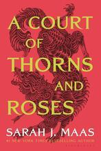 A Court of Thorns and Roses Book Cover: red background with black dragon in the background, Sarah J Maas at the bottom