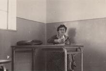 Charlotte Wolf (later Wardi), in her classroom in the by Rina Viers, in her classroom in the Lycée Edmond de Rothschild A.I.U. (Alliance Israélite Universelle) in Haifa, 1956.