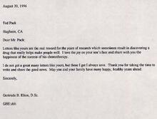 Letter from Gertrude Elion to Ted Pack, August 20, 1996