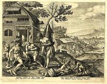 An engraving print of the Biblical ancestor Lamech and his two wives, Zillah and Adah.