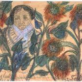 A colorful sketch of a woman's face and torso surrounded by five orange-yellow sunflowers