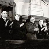 Ana Pauker applauding with a group of four other Romanian communist leaders at a session of the Grand National Assembly of Romania.