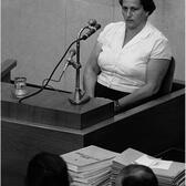 Hansi Brand sitting in the witness box of a courtroom, with two men sitting in front of her at a table with stacks of books and folders