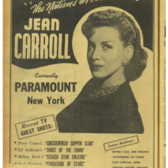 A newspaper ad with a headshot of Jean Carroll labeled "The Nation's #1 Comedienne!" with performance details