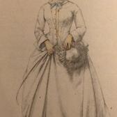 Portrait of Kate Emanuel, holding the edge of her skirt in one hand and a hat in the other