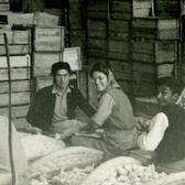 Three men and one woman sit on the floor surrounded by crates of oranges they are packing. 