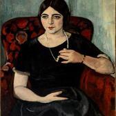 A painted portrait of Edith Gregor Halpert, sitting in a red armchair, wearing a black dress and playing with her necklace