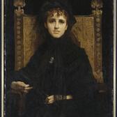 Portrait of Geneviève Straus, She is clothed in black and sits in a high-back wooden chair. She stares directly in front of her. Her left hand rests in her lap while her right lays on the chair's arm rest.
