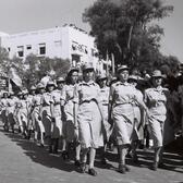 A unit of Israeli women soldiers marching in the “Yom Hamedina” parade in Tel Aviv’s Allenby Street, 1948.