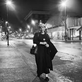 Black and white photograph of street poet Julia Vinograd