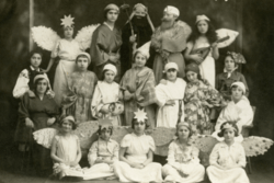 Young Bais Yaakov students dressed in costume for play Joseph and His Brothers in Buczacz