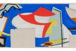 An abstract painting with mixed shapes, primarily in a white and blue color scheme with red/orange/yellow accents